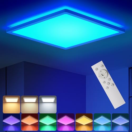 BLNAN RGB LED Deckenleuchte Dimmbar mit Fernbedienung, 24W Deckenlampe Panel mit Farbwechsel,3000K-6500K 2400lm Modern Quadrat Lampe für Wohnzimmer Schlafzimmer Kinderzimmer, Weiß,30x2.5cm von BLNAN