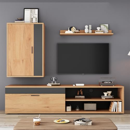 BLOCKTOY 140 * 35 * 39Cm Stehend Und Hängend TV Wohnwand-Set (Komplett-Set, 3-St), Inkl TV-Board, Standregal Und Wandregal, Modernes TV-Schrank,Holzfarbe + Schwarz von BLOCKTOY