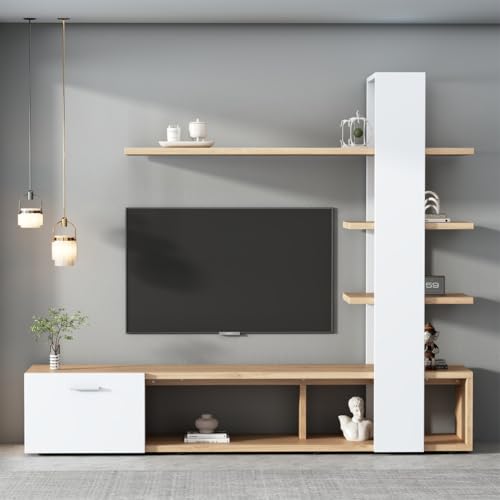 BLOCKTOY 180 X 33,5 X 151,5 cm Modernes Eichenweiß TV-Schrank,Lowboard,TV Wohnwand Set,Wohnzimmer Möbel Set Für Fernseher Unter 60 Zoll von BLOCKTOY