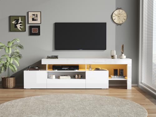 BLOCKTOY 192 * 37 * 53Cm TV Schrank Mit 3 Schränke,TV Stand Und Fernsehschrank Mit LED,Hochglanz Lowboard Und Fernsehtisch Für Fernseher Um 85 Zoll, Weiß von BLOCKTOY