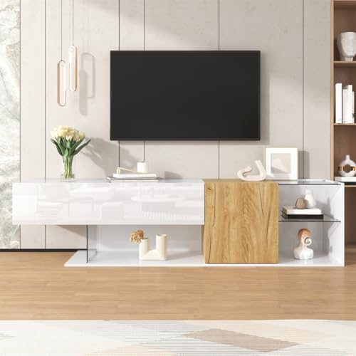 BLOCKTOY Moderne TV-Kommode in Hochglanz Weiß Mit Holzoptik Und Glasregalen – 180 cm, Stilvoller TV-Schrank Mit Praktischer Aufbewahrung Für Wohnzimmer von BLOCKTOY
