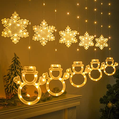 BLOOMWIN Fensterdeko Weihnachten Beleuchtet- 3x0,7M Schneeflocken & Schneemann Lichterketten Vorhang 8 Modi Weihnachtsdeko Fenster LED-USB Lichterkette Fenster, Lichtervorhang Fenster IP44 Warmweiß von BLOOMWIN