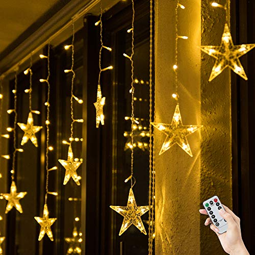 BLOOMWIN Lichtervorhang Stern Lichterkettenvorhang USB 8Modi Stimmungslichter Weihnachtsbeleuchtung für Fenster Tür Innen Sternenvorhang Warmweiß von BLOOMWIN