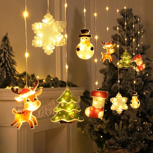 BLOOMWIN Weihnachtsbeleuchtung Fenster Innen Lichterkettenvorhang - 3D Weihnachtsmotiv Lichterkette 3M 120LEDs Vorhanglicht Fensterdekoration 8 Modi USB Weihnachtsdeko Lichtervorhang Warmweiß von BLOOMWIN