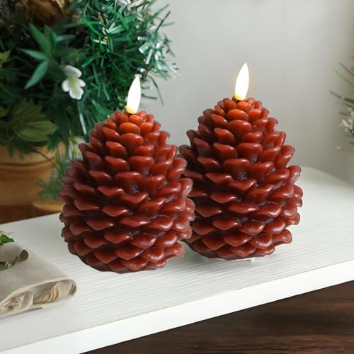 2 Stück Flammenlose Tannenzapfenkerzen,LED Flammenlose Tannenzapfen Kerzen,Künstliche Kerzen,Flameless Pinecone Candles für Zapfen Weihnachten Deko Innen Tischdeko (Braun) von BLOOOK