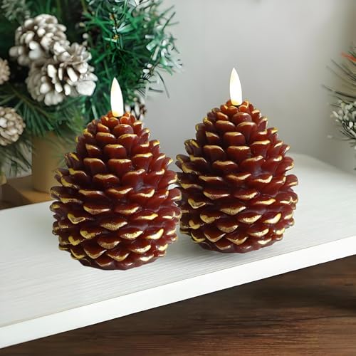 2 Stück Flammenlose Tannenzapfenkerzen,LED Flammenlose Tannenzapfen Kerzen,Künstliche Kerzen,Flameless Pinecone Candles für Zapfen Weihnachten Deko Innen Tischdeko (Braun Gold) von BLOOOK