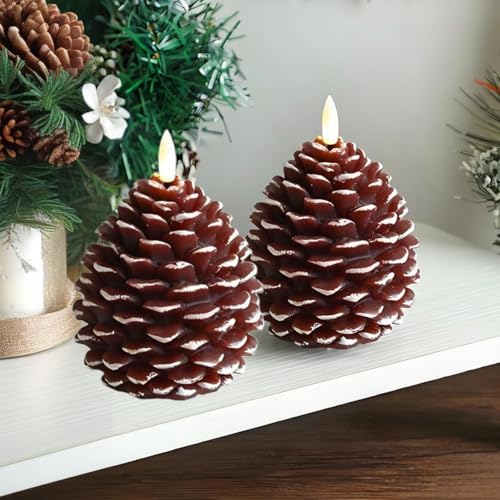2 Stück Flammenlose Tannenzapfenkerzen,LED Flammenlose Tannenzapfen Kerzen,Künstliche Kerzen,Flameless Pinecone Candles für Zapfen Weihnachten Deko Innen Tischdeko (Braun Silber) von BLOOOK