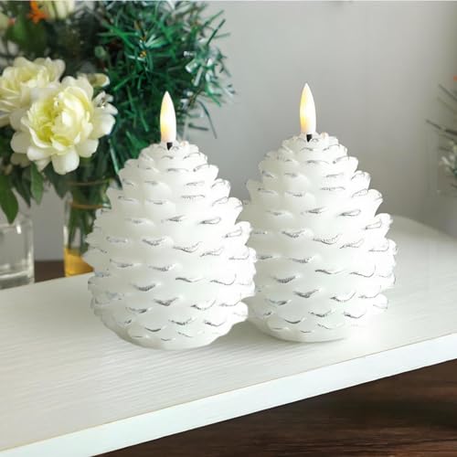 2 Stück Flammenlose Tannenzapfenkerzen,LED Flammenlose Tannenzapfen Kerzen,Künstliche Kerzen,Flameless Pinecone Candles für Zapfen Weihnachten Deko Innen Tischdeko (Weiß Silber) von BLOOOK