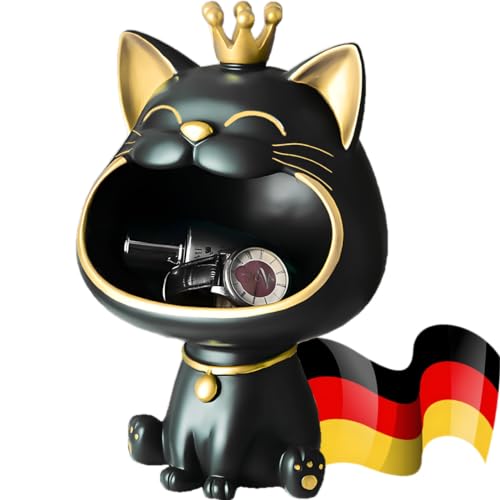 BLOOOK Lachende Katze Figuren Statue,Maneki Neko Fortune Cat Skulptur,Kawaii Deko Katzen Geschenk,Schlüssel Schale,Schmuck Tablett,Modern Deko für Wohnzimmer Home Flur Möbel (Schwarz) von BLOOOK