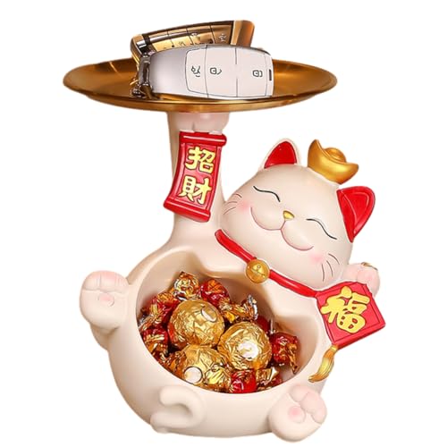 BLOOOK Lachende Katze Figuren Statue,Großer Mund Katze Aufbewahrungsbox,Maneki Neko Fortune Cat Skulptur,Glückliche Katzen Lagerung Box,Kätzchen Schlüssel Schale,Schmuck Tablett von BLOOOK