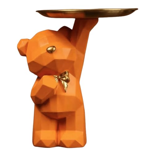 BLOOOK Statue Skulptur,Bär Figur Dekorative Tablett,Bären Skulpturen mit Dekotablett,Teddy Bär Deko Figuren Schlüsselschale,Dekoschale für Dessert Kosmetik Schmuck Kerzen (Orange (A)) von BLOOOK