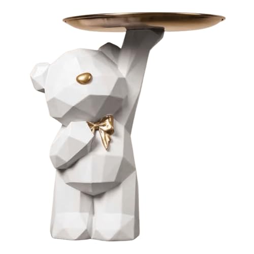 BLOOOK Statue Skulptur,Bär Figur Dekorative Tablett,Bären Skulpturen mit Dekotablett,Teddy Bär Deko Figuren Schlüsselschale,Dekoschale für Dessert Kosmetik Schmuck Kerzen (Weiß (A)) von BLOOOK