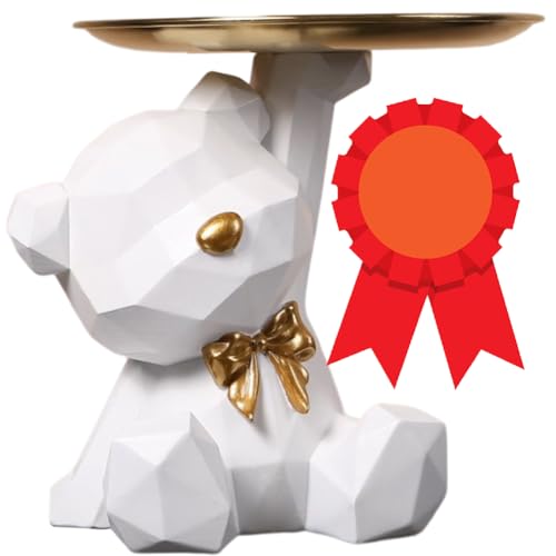 BLOOOK Statue Skulptur,Bär Figur Dekorative Tablett,Bären Skulpturen mit Dekotablett,Teddy Bär Deko Figuren Schlüsselschale,Dekoschale für Dessert Kosmetik Schmuck Kerzen (Weiß (B)) von BLOOOK