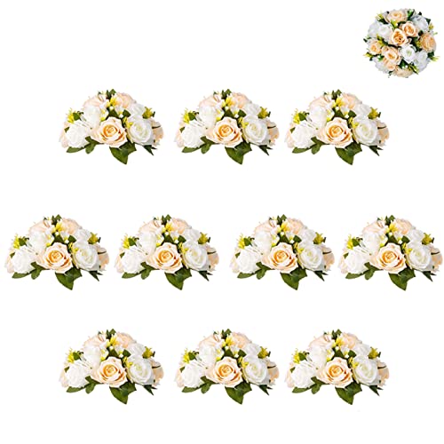 BLOSMON Blumenstrauß Blumengestecke Künstlich Deko Rose 10 Pcs Champagner & Weiß Künstliche Blumenstrauss Blumen Tischdekoration Blumenkugel Valentinstag Rosenstrauss for Hochzeit Muttertagsgeschenk von BLOSMON