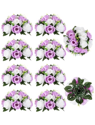 BLOSMON Blumenstrauß Blumengestecke Künstlich Deko Rose 10 Pcs Flieder & Weiß Künstliche Blumenstrauss Blumen Tischdekoration Blumenkugel Valentinstag Rosenstrauss for Hochzeit Muttertagsgeschenk von BLOSMON