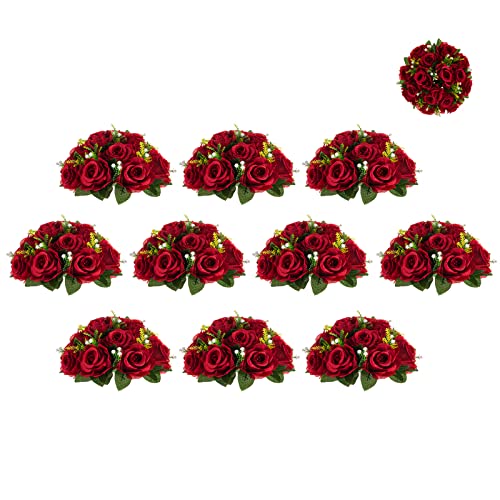 BLOSMON Blumenstrauß Blumengestecke Künstlich Deko Rose 10 Pcs Karminrot Künstliche Blumenstrauss Blumen Tischdekoration Blumenkugel Valentinstag Rosenstrauss Echt for Hochzeit Muttertagsgeschenk von BLOSMON