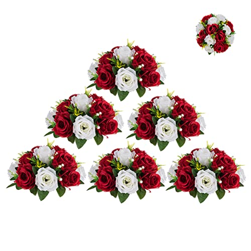 BLOSMON Blumenstrauß Blumengestecke Künstlich Deko Rose 10 Pcs Karminrot & Weiß Künstliche Blumenstrauss Blumen Tischdekoration Blumenkugel Valentinstag Rosenstrauss for Hochzeit Muttertagsgeschenk von BLOSMON