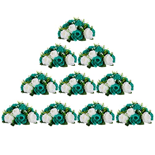 BLOSMON Blumenstrauß Blumengestecke Künstlich Deko Rose 10 Pcs Künstliche Blumenstrauss Blau-Grün & Weiß Blumen Tischdekoration Blumenkugel Valentinstag Rosenstrauss for Hochzeit Muttertagsgeschenk von BLOSMON