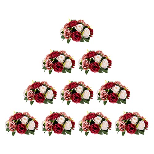 BLOSMON Blumenstrauß Blumengestecke Künstlich Deko Rose 10pcs Burgund Creme weiß Künstliche Blumenstrauss Blumen Tischdekoration Blumenkugel Valentinstag Rosenstrauss for Hochzeit Muttertagsgeschenk von BLOSMON