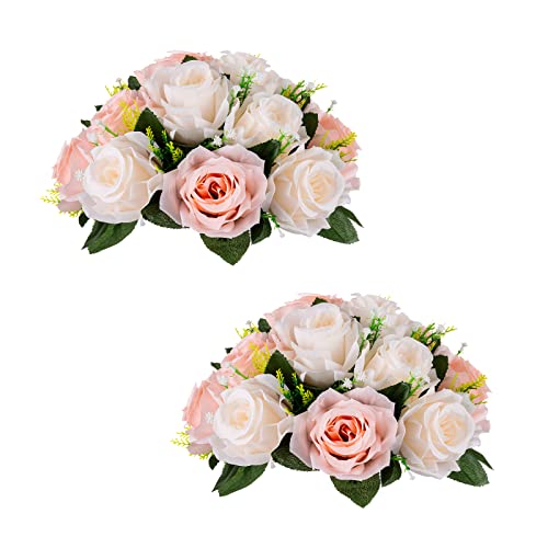 BLOSMON Blumenstrauß Blumengestecke Künstlich Deko Rose 2 Pcs Blush Creme Weiß Künstliche Blumenstrauss Blumen Tischdekoration Blumenkugel Valentinstag Rosenstrauss for Hochzeit Muttertagsgeschenk von BLOSMON