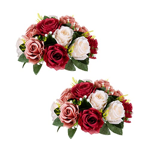 BLOSMON Blumenstrauß Blumengestecke Künstlich Deko Rose 2 Pcs Burgund Creme weiß Künstliche Blumenstrauss Blumen Tischdekoration Blumenkugel Valentinstag Rosenstrauss for Hochzeit Muttertagsgeschenk von BLOSMON