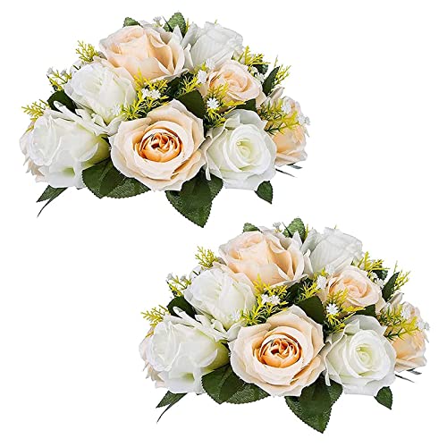 BLOSMON Blumenstrauß Blumengestecke Künstlich Deko Rose 2 Pcs Champagner & Weiß Künstliche Blumenstrauss Blumen Tischdekoration Blumenkugel Valentinstag Rosenstrauss for Hochzeit Muttertagsgeschenk von BLOSMON