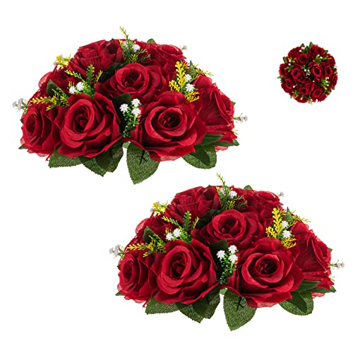 BLOSMON Blumenstrauß Blumengestecke Künstlich Deko Rose 2 Pcs Karminrot Künstliche Blumenstrauss Blumen Tischdekoration Blumenkugel Valentinstag Rosenstrauss Echt for Hochzeit Muttertagsgeschenk von BLOSMON