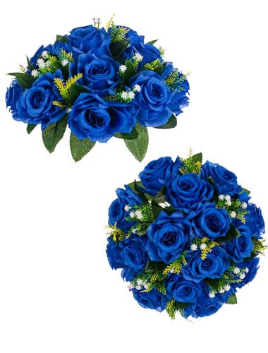BLOSMON Blumenstrauß Blumengestecke Künstlich Deko Rose 2 Pcs Königsblau Künstliche Blumenstrauss Blumen Tischdekoration Blumenkugel Valentinstag Rosenstrauss Echt for Hochzeit Muttertagsgeschenk von BLOSMON