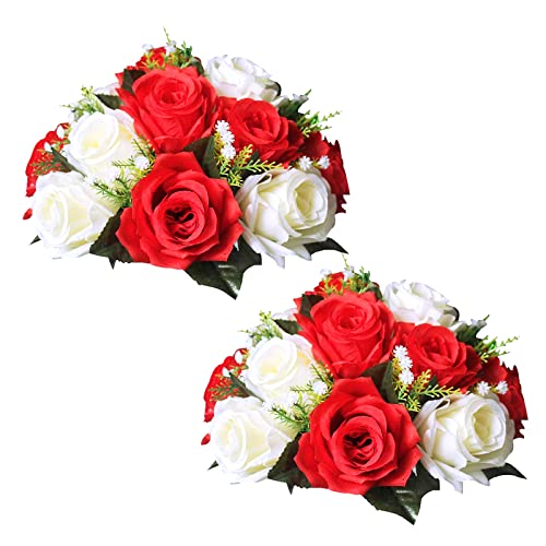 BLOSMON Blumenstrauß Blumengestecke Künstlich Deko Rose 2 Pcs Rot & Weiß Künstliche Blumenstrauss Blumen Tischdekoration Blumenkugel Valentinstag Rosenstrauss Echt for Hochzeit Muttertagsgeschenk von BLOSMON