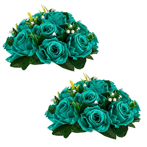 BLOSMON Blumenstrauß Blumengestecke Künstlich Deko Rose 2 Pcs Teal Künstliche Blumenstrauss Blumen Tischdekoration Blumenkugel Valentinstag Rosenstrauss Echt for Hochzeit Muttertagsgeschenk von BLOSMON