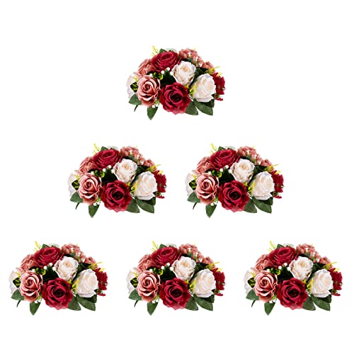 BLOSMON Blumenstrauß Blumengestecke Künstlich Deko Rose 6 Pcs Burgund Creme weiß Künstliche Blumenstrauss Blumen Tischdekoration Blumenkugel Valentinstag Rosenstrauss for Hochzeit Muttertagsgeschenk von BLOSMON