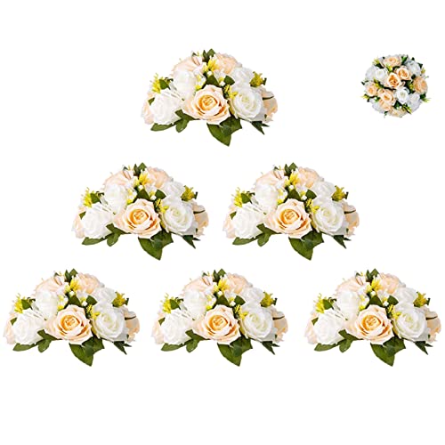 BLOSMON Blumenstrauß Blumengestecke Künstlich Deko Rose 6 Pcs Champagner & Weiß Künstliche Blumenstrauss Blumen Tischdekoration Blumenkugel Valentinstag Rosenstrauss for Hochzeit Muttertagsgeschenk von BLOSMON