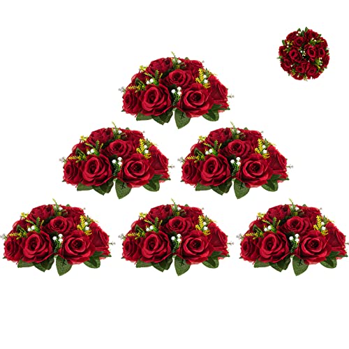 BLOSMON Blumenstrauß Blumengestecke Künstlich Deko Rose 6 Pcs Karminrot Künstliche Blumenstrauss Blumen Tischdekoration Blumenkugel Valentinstag Rosenstrauss Echt for Hochzeit Muttertagsgeschenk von BLOSMON