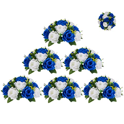 BLOSMON Blumenstrauß Blumengestecke Künstlich Deko Rose 6 Pcs Königsblau & Weiß Künstliche Blumenstrauss Blumen Tischdekoration Blumenkugel Valentinstag Rosenstrauss for Hochzeit Muttertagsgeschenk von BLOSMON