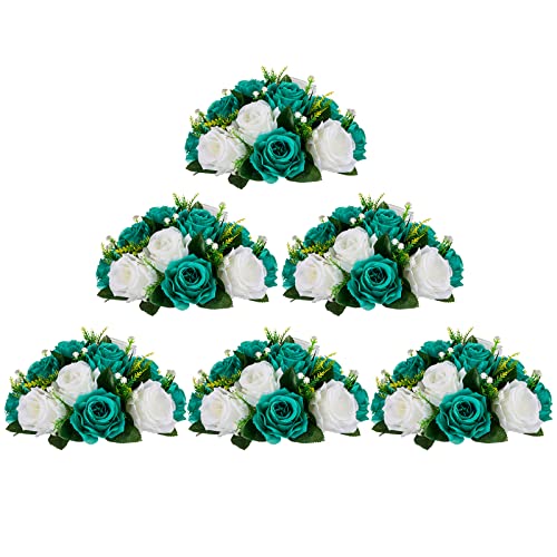 BLOSMON Blumenstrauß Blumengestecke Künstlich Deko Rose 6 Pcs Künstliche Blumenstrauss Blau-Grün & Weiß Blumen Tischdekoration Blumenkugel Valentinstag Rosenstrauss for Hochzeit Muttertagsgeschenk von BLOSMON