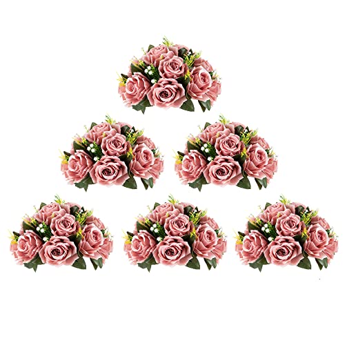 BLOSMON Blumenstrauß Blumengestecke Künstlich Deko Rose 6 Pcs Künstliche Blumenstrauss Staubrosa Blumen Tischdekoration Blumenkugel Valentinstag Rosenstrauss Echt for Hochzeit Muttertagsgeschenk von BLOSMON