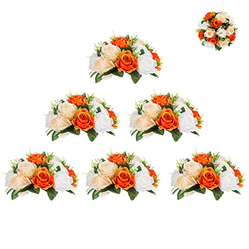 BLOSMON Blumenstrauß Blumengestecke Künstlich Deko Rose 6 Pcs Orange Künstliche Blumenstrauss Blumen Tischdekoration Blumenkugel Valentinstag Rosenstrauss Echt for Hochzeit Muttertagsgeschenk von BLOSMON