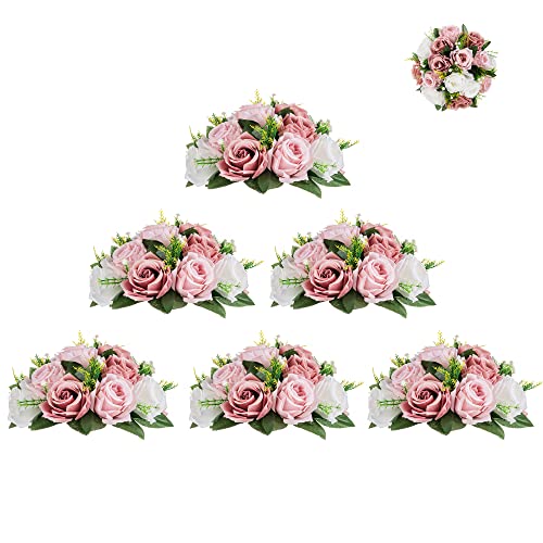 BLOSMON Blumenstrauß Blumengestecke Künstlich Deko Rose 6 Pcs Staubrosa Künstliche Blumenstrauss Blumen Tischdekoration Blumenkugel Valentinstag Rosenstrauss Echt for Hochzeit Muttertagsgeschenk von BLOSMON