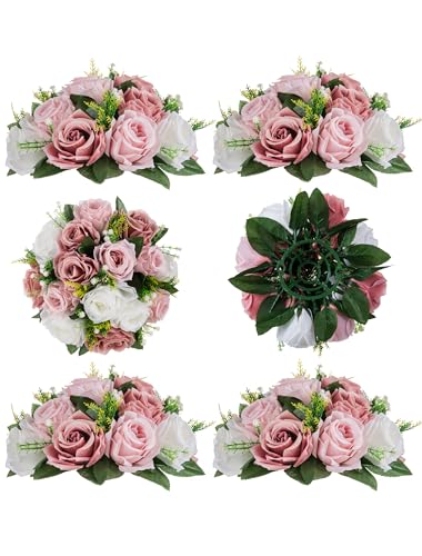 BLOSMON Blumenstrauß Blumengestecke Künstlich Deko Rose 6 Pcs Staubrosa Künstliche Blumenstrauss Blumen Tischdekoration Blumenkugel Valentinstag Rosenstrauss Echt for Hochzeit Muttertagsgeschenk von BLOSMON