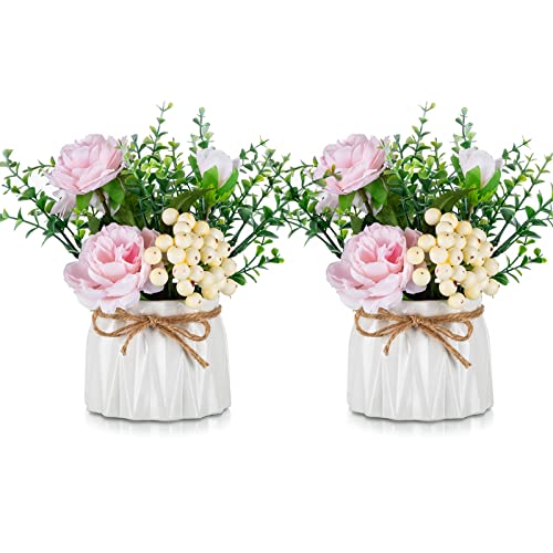 BLOSMON Kunstblumen im Topf Deko: 2 Stück Mini Rosa Künstliche Rosen Künstlich Blumen mit Vase für Tischdeko Wohnzimmer Zuhause Dekoration Fake Blume Pflanzen Schlafzimmer Hochzeit Party Büro Decor von BLOSMON