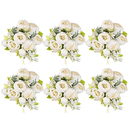BLOSMON Künstliche Blumen Pfingstrose Hochzeitsdekorationen 6 Stück Gefälschte Blumen Weiße Pfingstrosen Seidenblumen für Hochzeit Tisch Mittelstück Dekorationen Brautsträuße Blumenarrangements für von BLOSMON