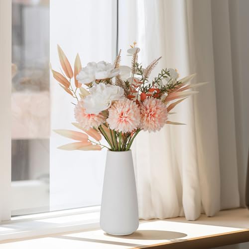 BLOSMON Künstliche Blumen mit Keramik Vase: Kunstblumen wie echt Champagner Blumenstrauß im Weiß Topf für Geschenk Wohnzimmer Deko Schlafzimmer Hochzeit Dekoration Zuhause Tischdeko von BLOSMON