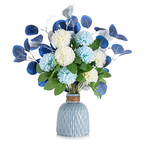 BLOSMON Kuenstliche Blumen mit Vase Tischdeko Kunstblumen im Vasen Plastik Blumenstrauss Unechte Dekoblumen Blau Seidenblumen Blumengestecke für Balkon Garten Hochzeit Wohnzimmer Drinnen Tisch Deko von BLOSMON
