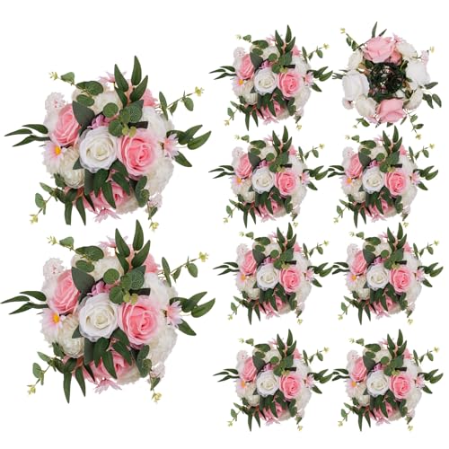 BLOSMON Kunstblumen Blumenstrauß Blumenkugeln Tischdeko Hochzeitsdeko 10 Stück Rosa Weiß 24cm Künstliche Rosen Flower für Hochzeit Tisch Dekoration Blumengesteck Künstlich für Wohnzimmer Party Deko von BLOSMON