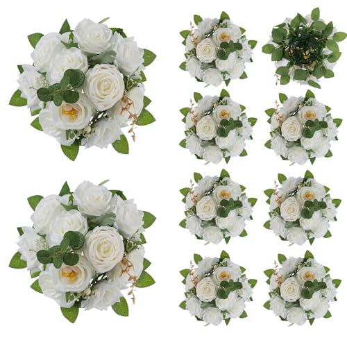 BLOSMON Kunstblumen Blumenstrauß Blumenkugeln Tischdeko Hochzeitsdeko 10 Stück Weiß Künstliche Rosen Flower für Hochzeit Tisch Dekoration Blumengesteck Künstlich für Wohnzimmer Geburtstag Party Deko von BLOSMON