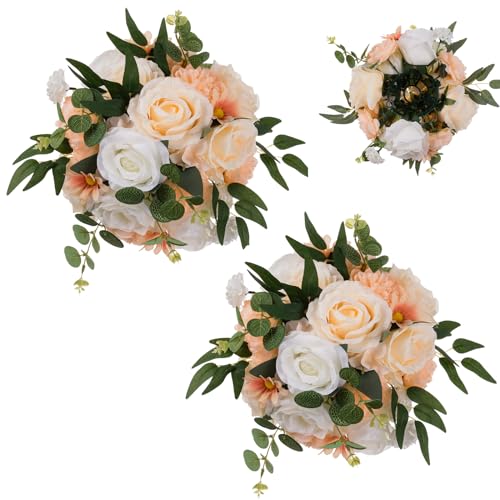 BLOSMON Kunstblumen Blumenstrauß Blumenkugeln Tischdeko Hochzeitsdeko 2 Stück Champagner Weiß 24cm Künstliche Rosen Flower für Hochzeit Tisch Dekoration Blumengesteck Künstlich für Wohnzimmer Deko von BLOSMON