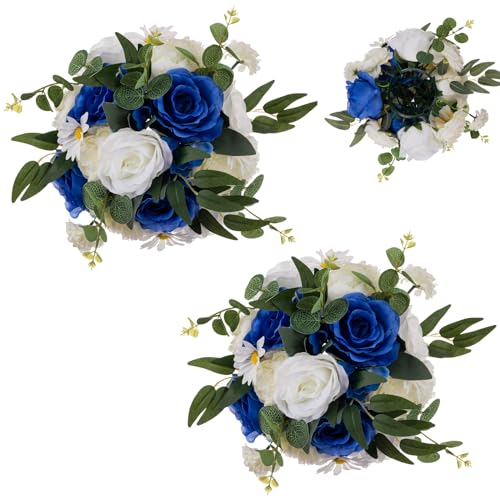 BLOSMON Kunstblumen Blumenstrauß Blumenkugeln Tischdeko Hochzeitsdeko 2 Stück Königsblau Weiß 24cm Künstliche Rosen Flower für Hochzeit Tisch Dekoration Blumengesteck Künstlich für Wohnzimmer Deko von BLOSMON