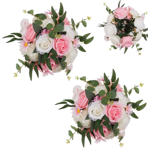 BLOSMON Kunstblumen Blumenstrauß Blumenkugeln Tischdeko Hochzeitsdeko 2 Stück Rosa Weiß 24cm Künstliche Rosen Flower für Hochzeit Tisch Dekoration Blumengesteck Künstlich für Wohnzimmer Party Deko von BLOSMON