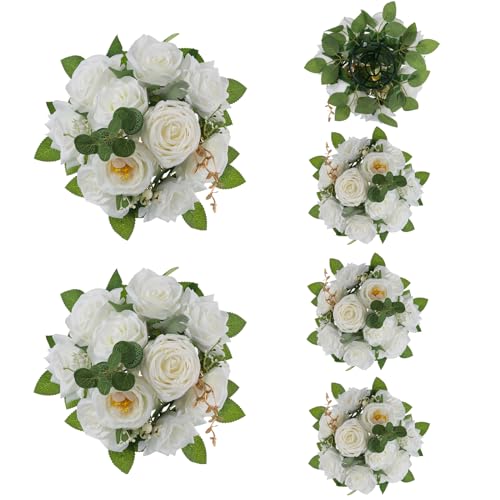 BLOSMON Kunstblumen Blumenstrauß Blumenkugeln Tischdeko Hochzeitsdeko 6 Stück Weiß Künstliche Rosen Flower für Hochzeit Tisch Dekoration Blumengesteck Künstlich für Wohnzimmer Geburtstag Party Deko von BLOSMON