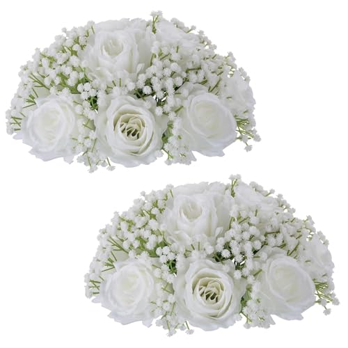 BLOSMON Kunstblumen Rosen Schleierkraut Hochzeitsdeko: 2 Stück Weiß Künstliche Rose Gypsophila Blumenstrauß Blumen Kugeln für Tischdeko Hochzeit Party Tafelaufsätze Dekoration Zuhause Zimmer Deko von BLOSMON